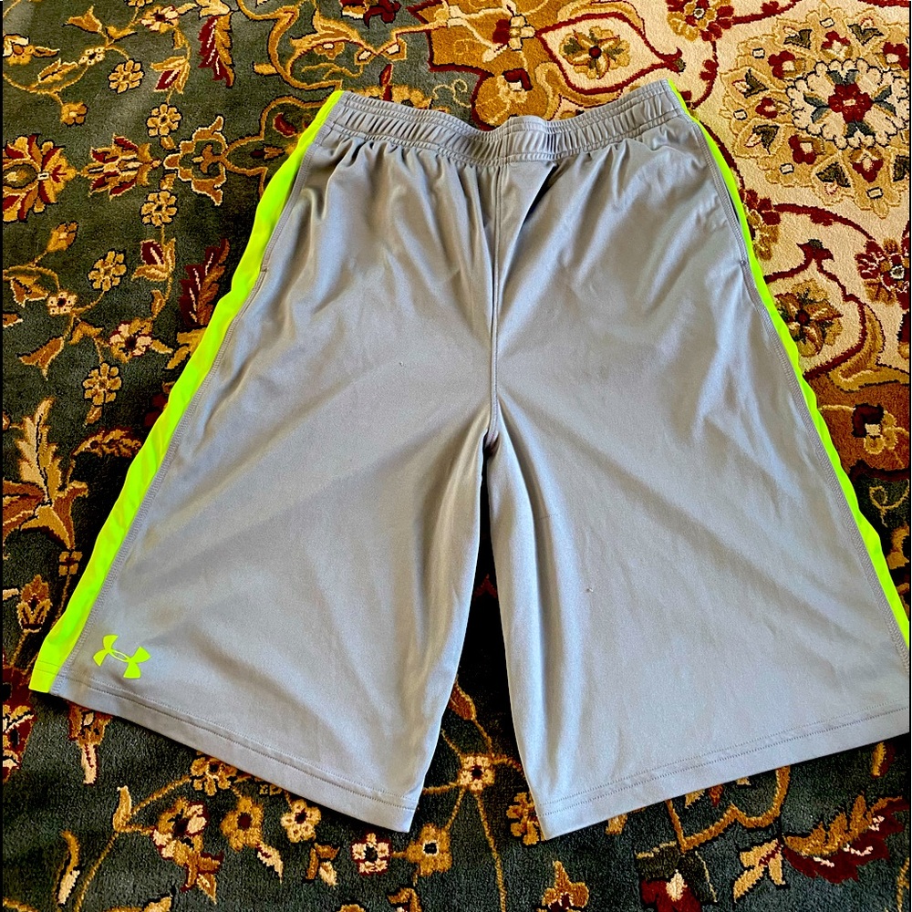 Under Armour loose fit light grey and neon green shorts Youth size XL